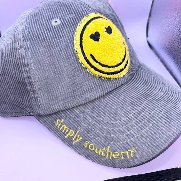 SIMPLY SOUTHERN • Women’s Gray Corduroy Smiley Face Baseball Cap Hat - Picture 1 of 6